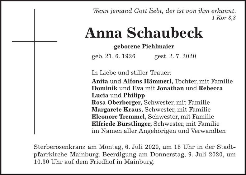 Traueranzeige Anna Schaubeck