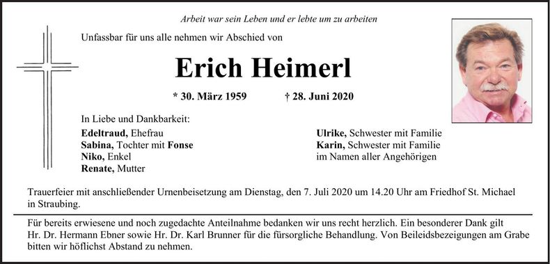 Traueranzeige Erich Heimerl