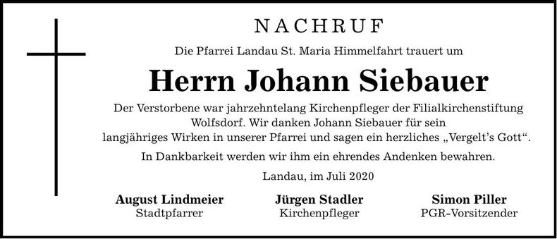 Traueranzeige Johann Siebauer
