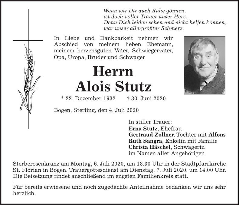 Traueranzeige Alois Stutz
