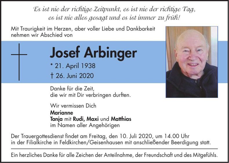 Traueranzeige Josef Arbinger
