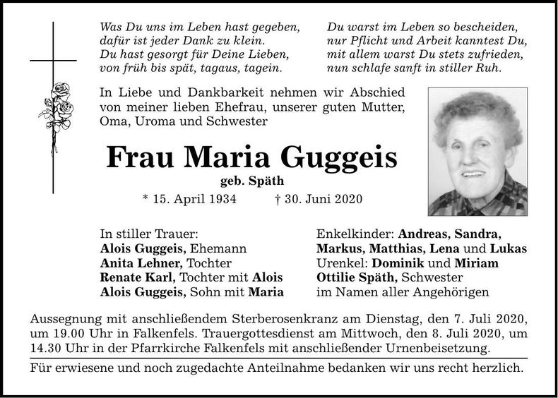 Traueranzeige Maria Guggeis