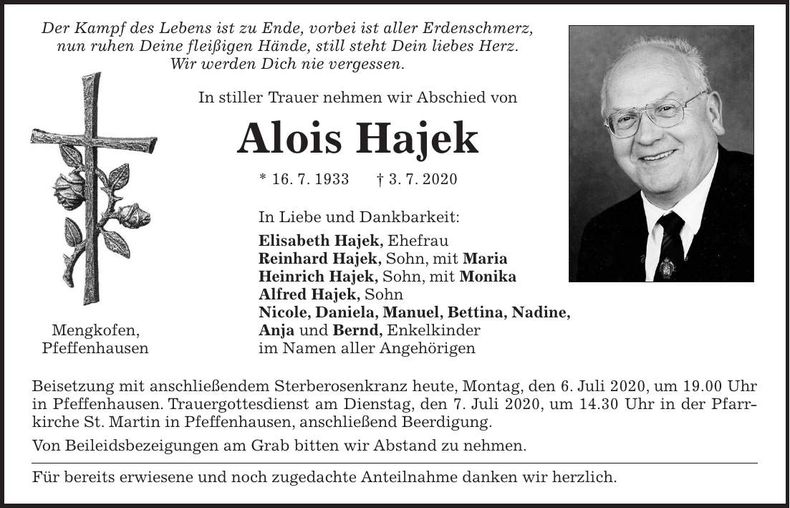Traueranzeige Alois Hajek