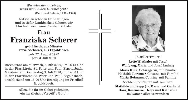 Traueranzeige Franziska Scherer