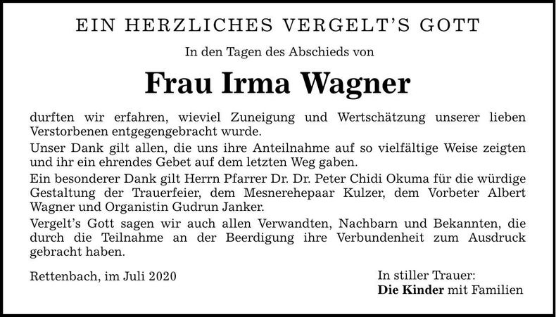 Traueranzeige Irma Wagner