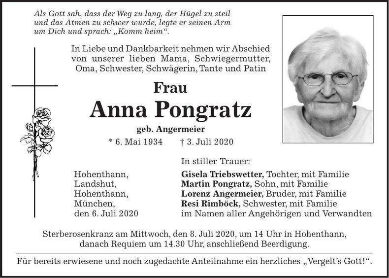 Traueranzeige Anna Pongratz