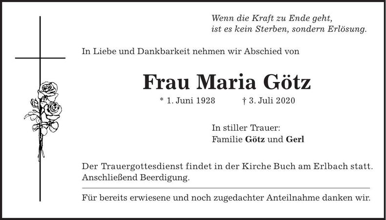 Traueranzeige Maria Götz