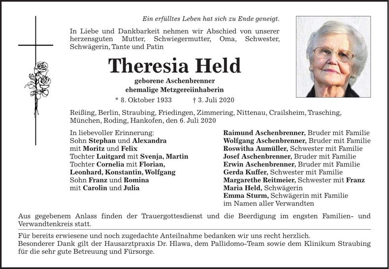 Traueranzeige Theresia Held