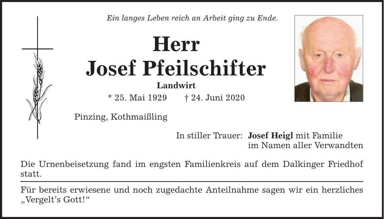 Traueranzeige Josef Pfeilschifter