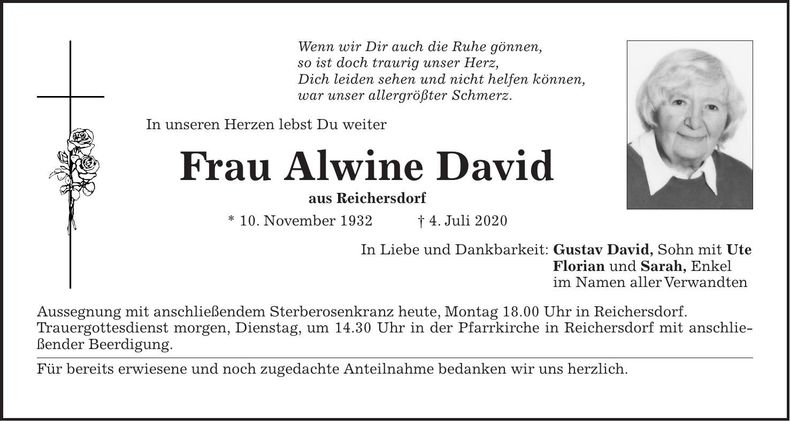 Traueranzeige Alwine David
