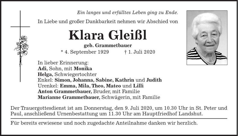 Traueranzeige Klara Gleißl