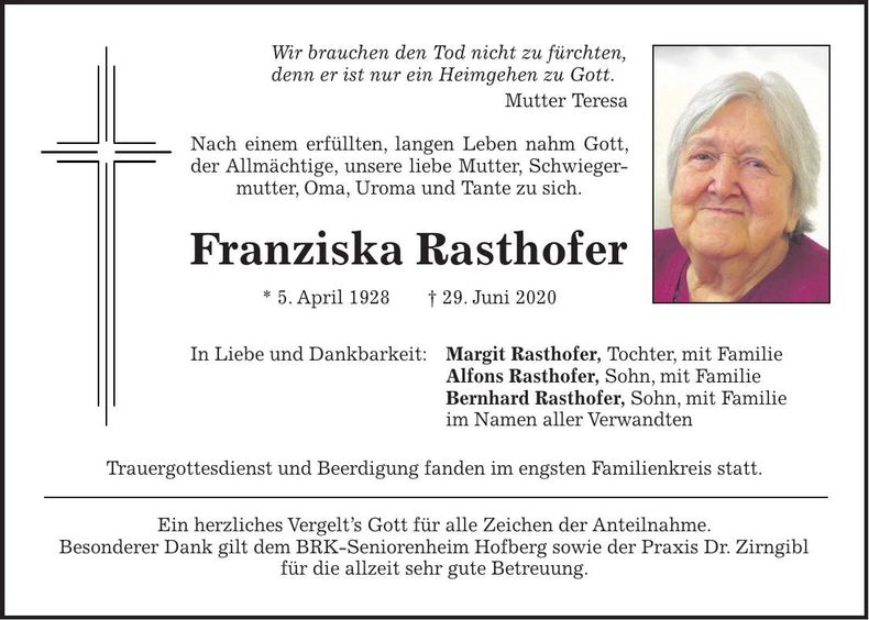 Traueranzeige Franziska Rasthofer