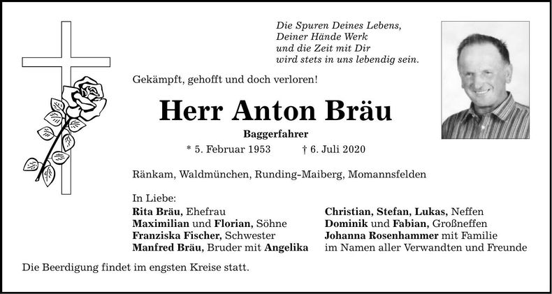 Traueranzeige Anton Bräu