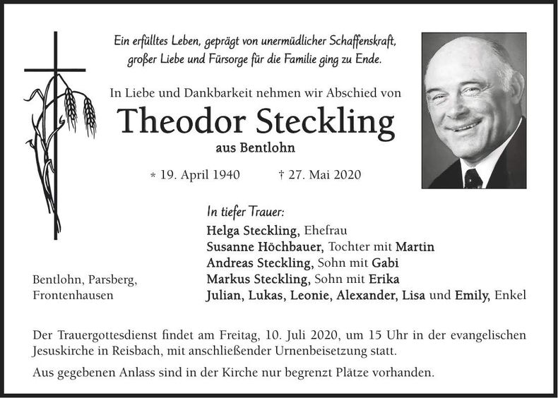 Traueranzeige Theodor Steckling