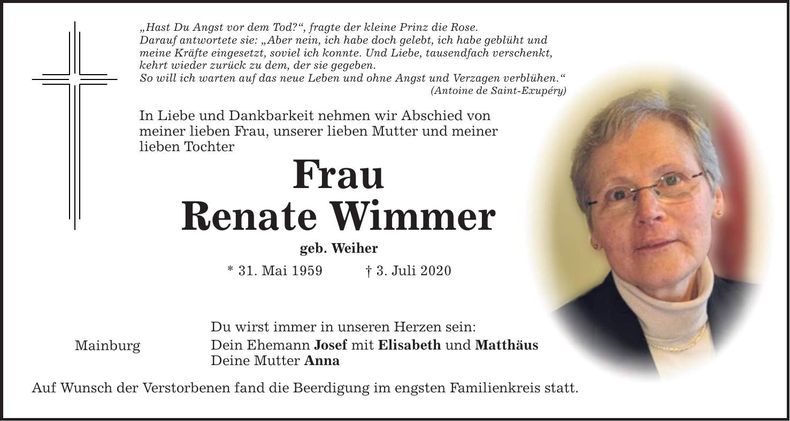 Traueranzeige Renate Wimmer