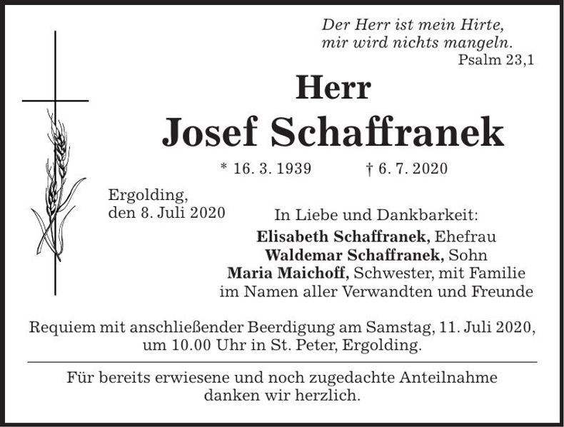 Traueranzeige Josef Schaffranek