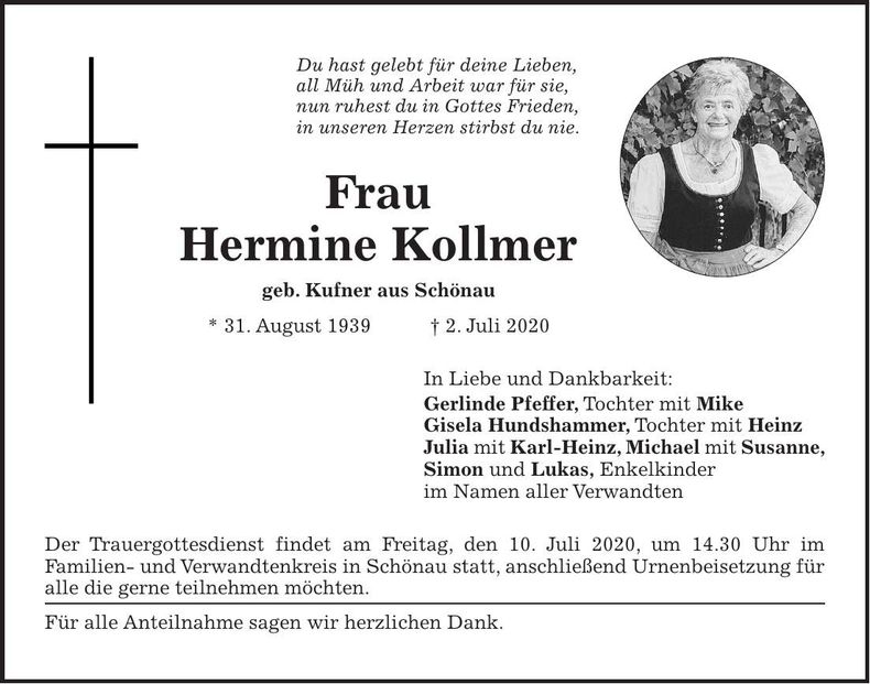 Traueranzeige Hermine Kollmer