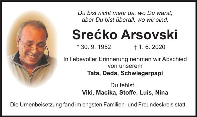 Traueranzeige Srecko Arsovski