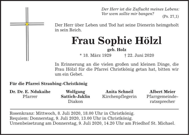 Traueranzeige Sophie Hölzl