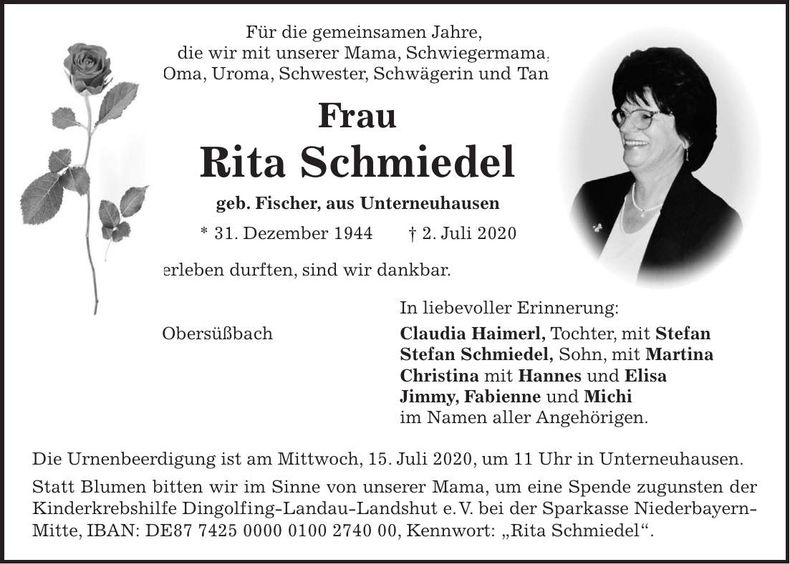 Traueranzeige Rita Schmiedel