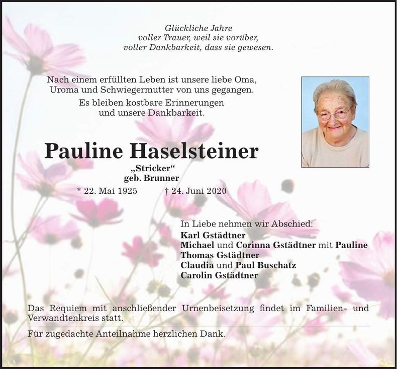 Traueranzeige Pauline Haselsteiner