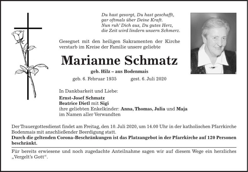 Traueranzeige Marianne Schmatz