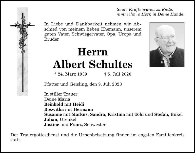Traueranzeige Albert Schultes
