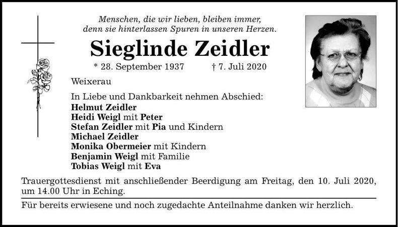 Traueranzeige Sieglinde Zeidler