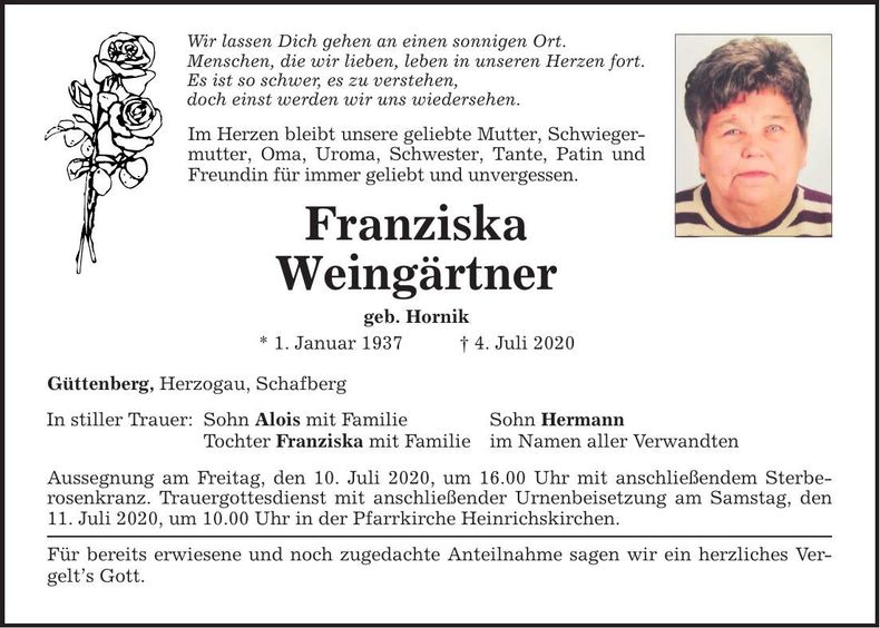 Traueranzeige Franziska Weingärtner