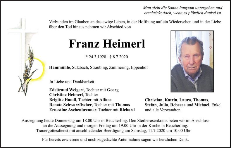 Traueranzeige Franz Heimerl