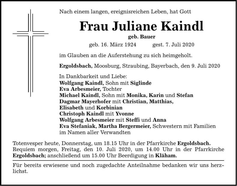Traueranzeige Juliane Kaindl