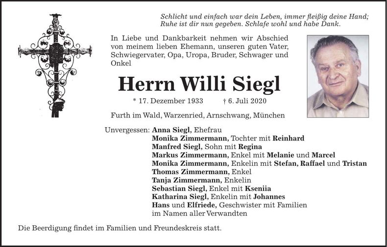 Traueranzeige Willi Siegl