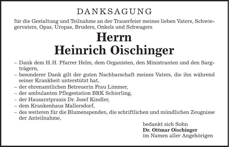 Traueranzeige Heinrich Oischinger