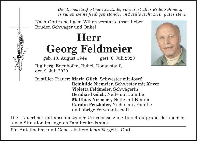 Traueranzeige Georg Feldmeier