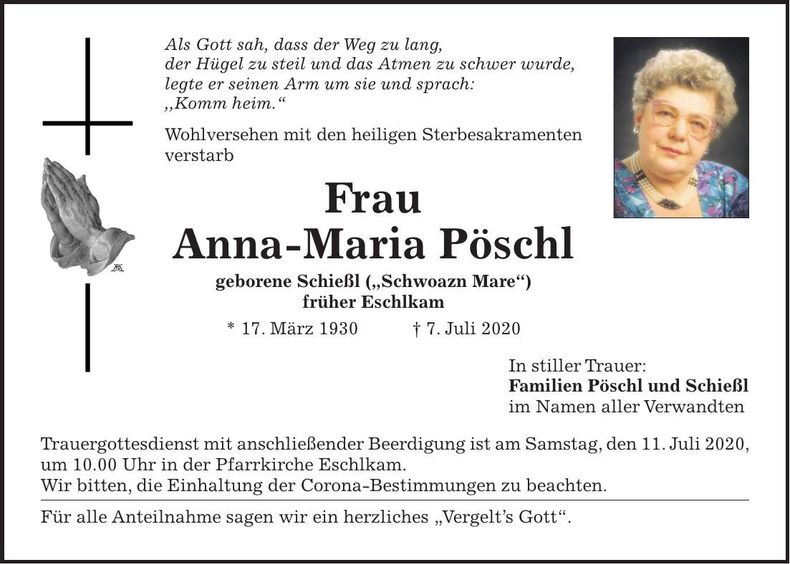 Traueranzeige Anna-Maria Pöschl