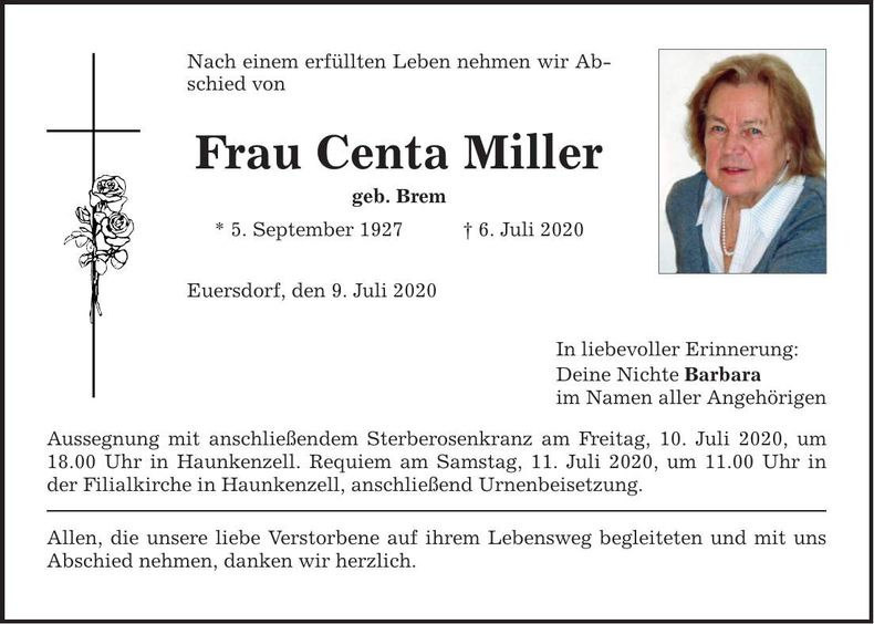 Traueranzeige Centa Miller