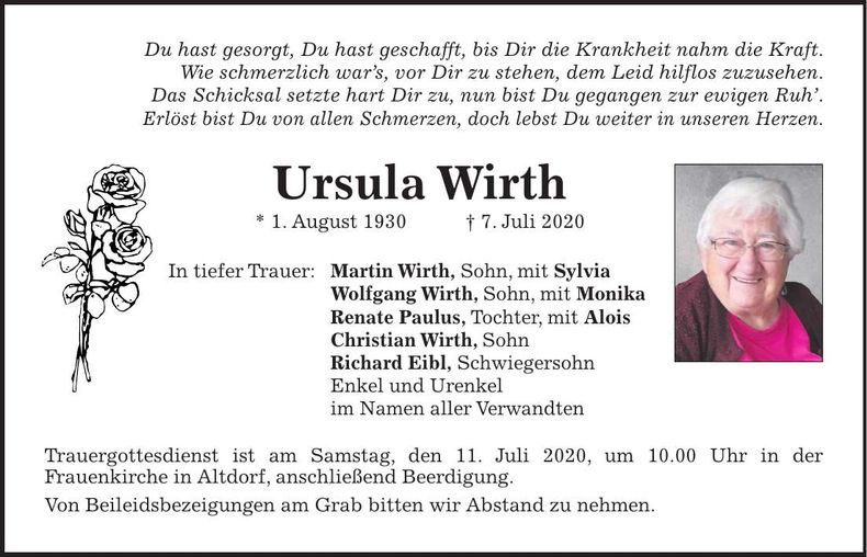 Traueranzeige Ursula Wirth