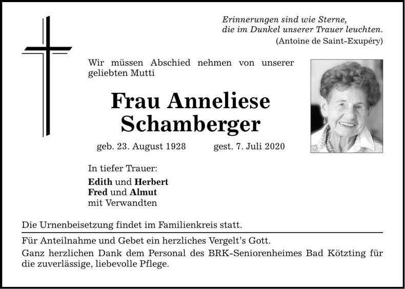 Traueranzeige Anneliese Schamberger