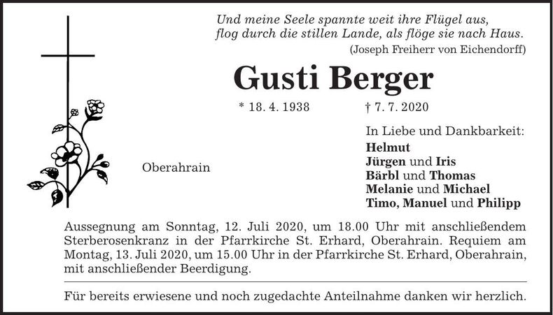 Traueranzeige Gusti Berger