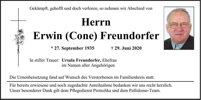Traueranzeige Erwin Freundorfer