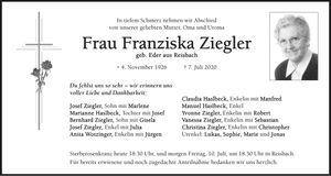 Traueranzeige Franziska Ziegler