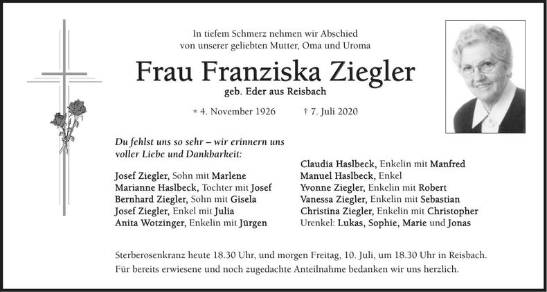 Traueranzeige Franziska Ziegler