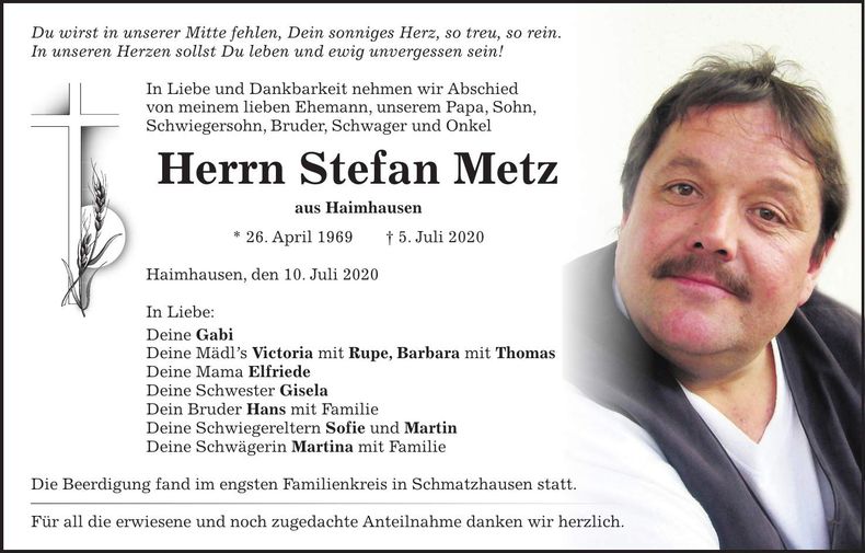 Traueranzeige Stefan Metz