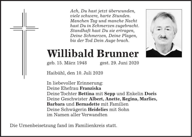 Traueranzeige Willibald Brunner