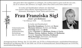 Traueranzeige Franziska Sigl