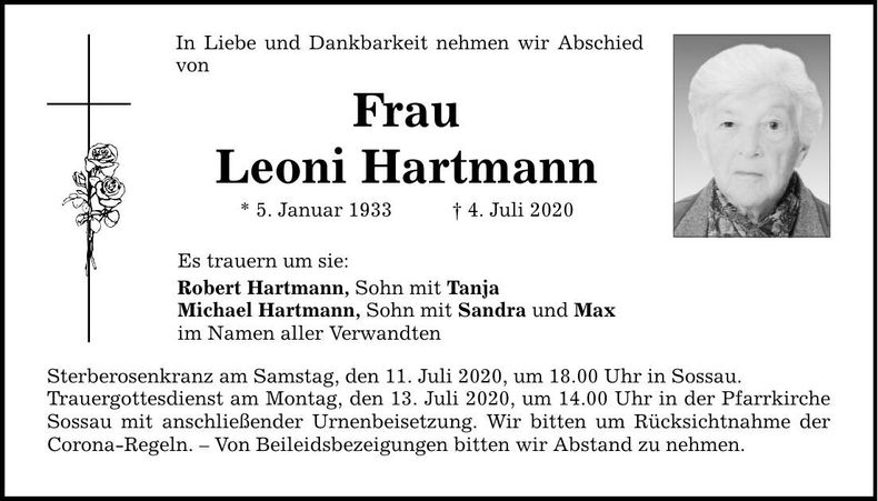 Traueranzeige Leoni Hartmann