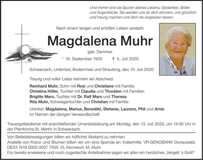 Traueranzeige Magdalena Muhr