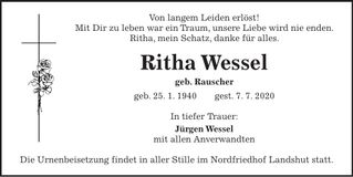 Traueranzeige Ritha Wessel