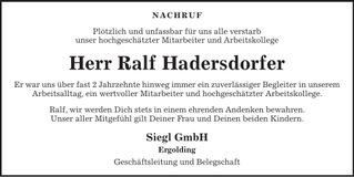 Traueranzeige Ralf Hadersdorfer