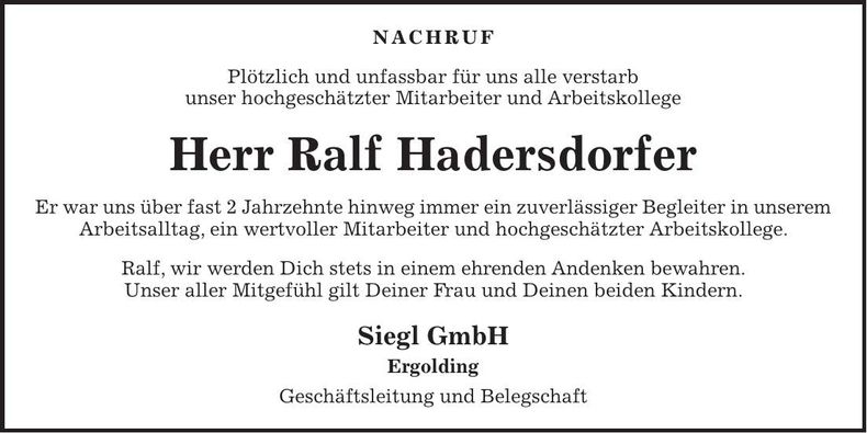 Traueranzeige Ralf Hadersdorfer